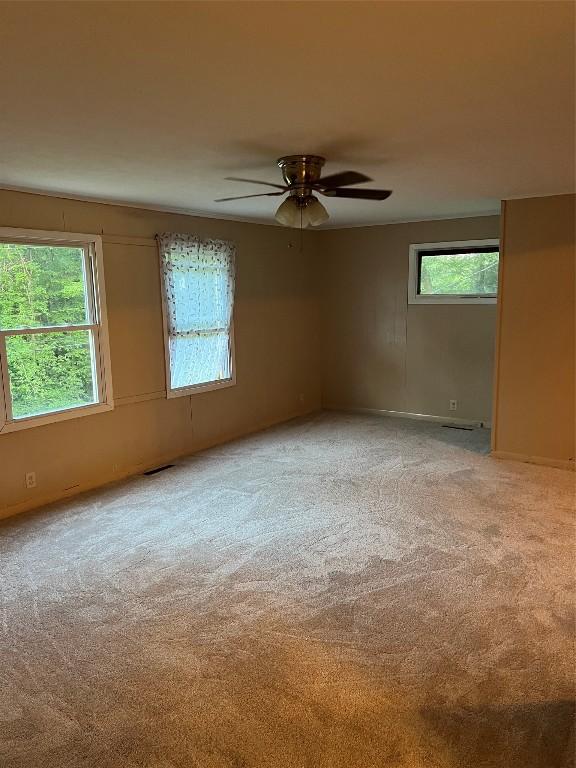 empty room with ceiling fan, a wealth of natural light, and light carpet