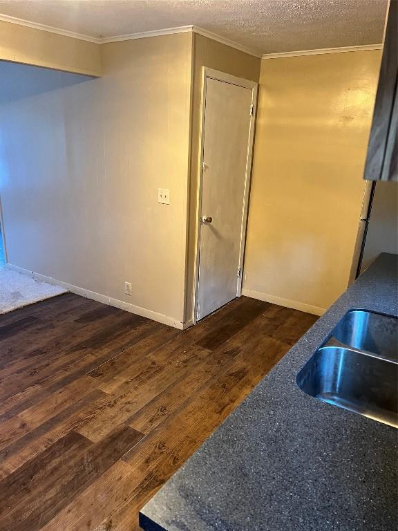 kitchen with a textured ceiling, ornamental molding, sink, and dark hardwood / wood-style floors