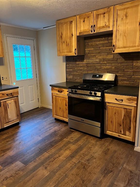 kitchen with a textured ceiling, dark hardwood / wood-style floors, tasteful backsplash, and stainless steel gas range oven