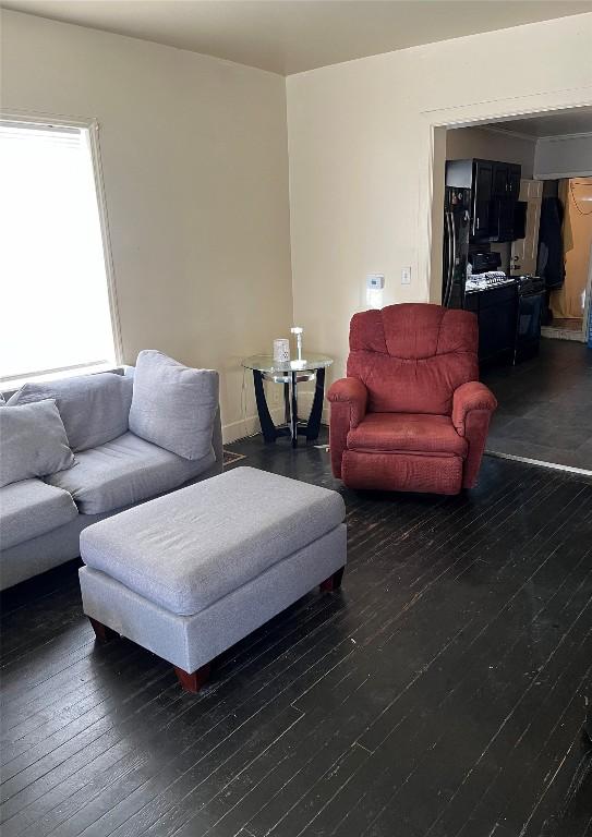 living room with dark hardwood / wood-style flooring