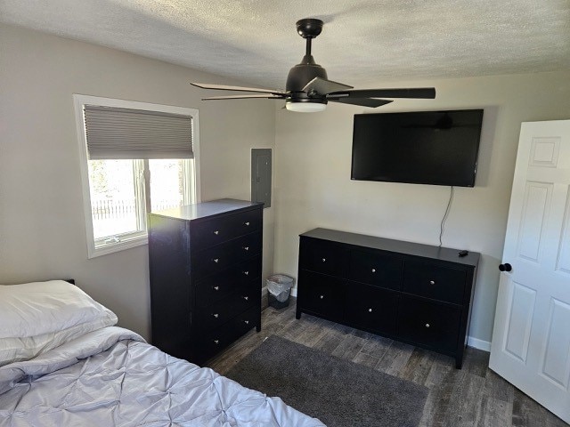 1925 N Mill St, North East, PA 16428 - bedroom with a ceiling fan, dark wood-style floors, and a textured ceiling