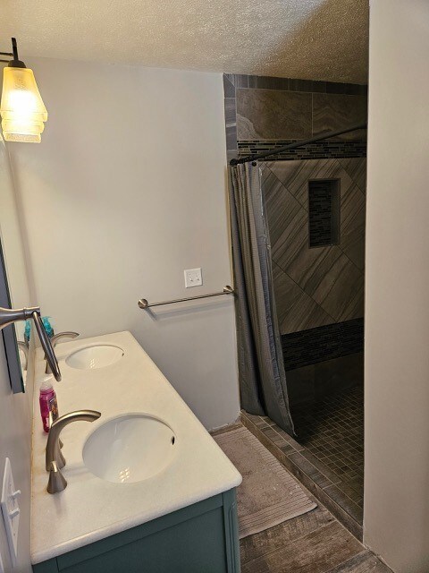 1925 N Mill St, North East, PA 16428 - bathroom featuring double vanity, a sink, a textured ceiling, and a stall shower