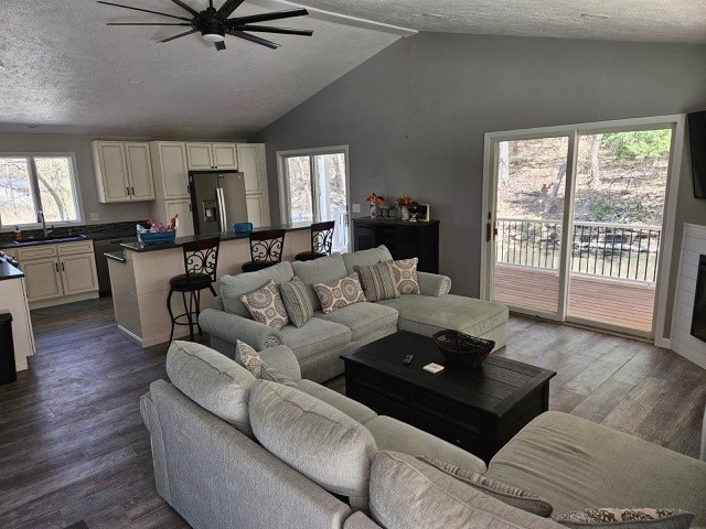1925 N Mill St, North East, PA 16428 - living room with a textured ceiling, ceiling fan, wood finished floors, and lofted ceiling