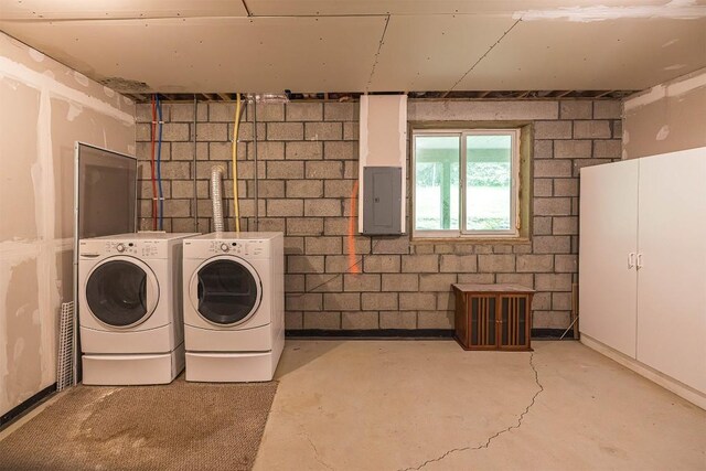 4119 Wood Hills Dr Unit C23, Erie, PA 16510 - laundry area featuring electric panel, washing machine and clothes dryer, and concrete block wall
