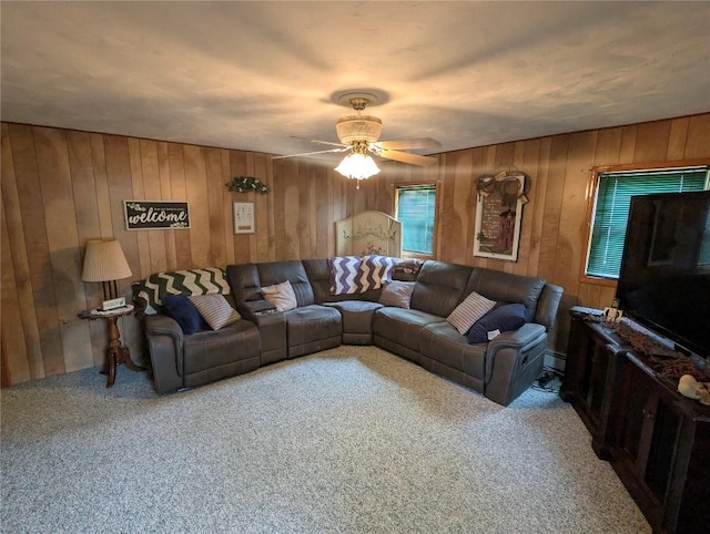 39501 Centerville Rd, Centerville, PA 16404 - carpeted living area featuring ceiling fan and wooden walls