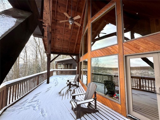 snow covered deck with ceiling fan