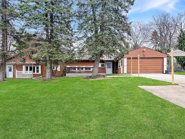 ranch-style home with a porch, driveway, a front yard, and a garage