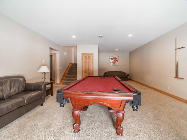 recreation room featuring billiards and carpet