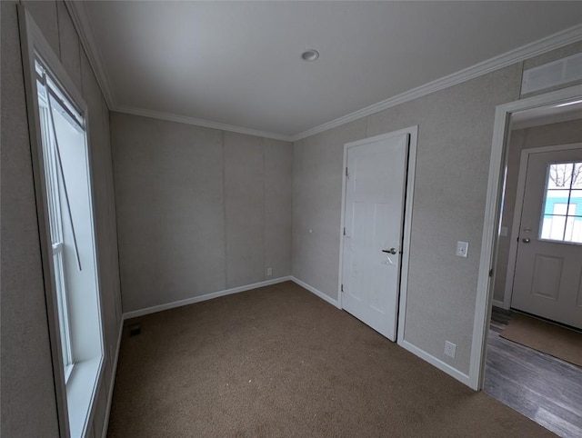 unfurnished bedroom with crown molding and carpet flooring