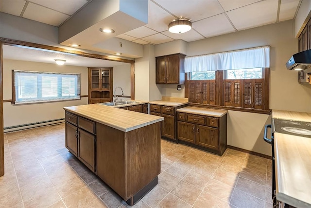 kitchen featuring range hood, a baseboard radiator, sink, range, and dark brown cabinets