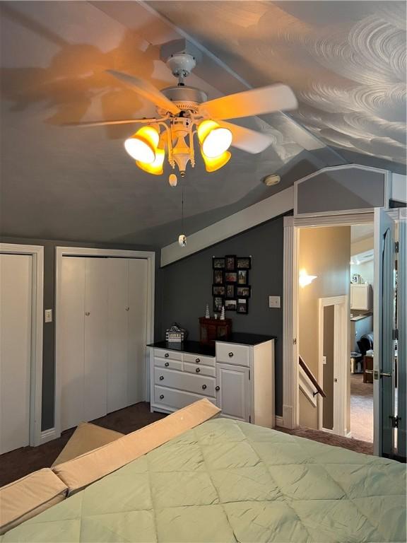 bedroom with ceiling fan and vaulted ceiling