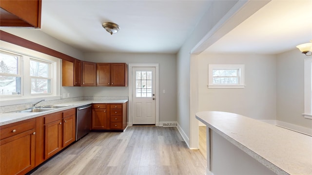 kitchen featuring stainless steel dishwasher, sink, and light hardwood / wood-style flooring