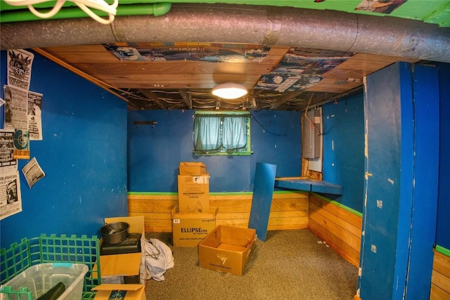 1219 W 32nd St, Erie, PA 16508 - unfinished basement featuring carpet floors, wooden walls, and electric panel