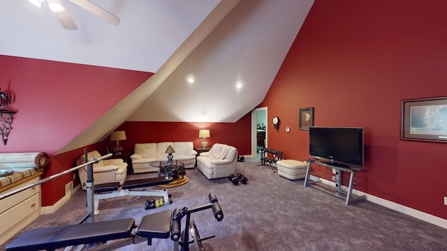 exercise area with carpet floors, ceiling fan, and lofted ceiling