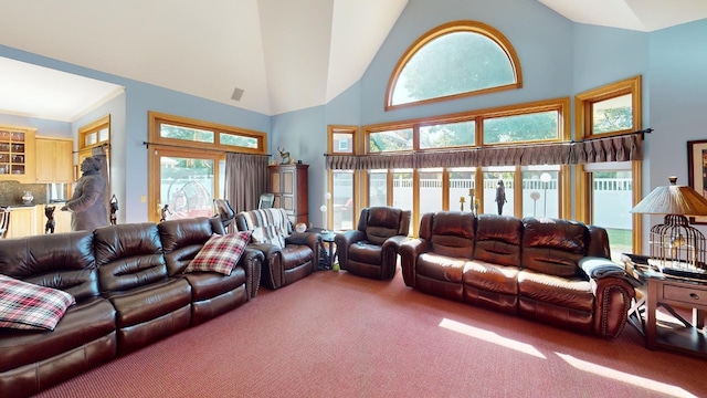 carpeted living room with plenty of natural light and high vaulted ceiling