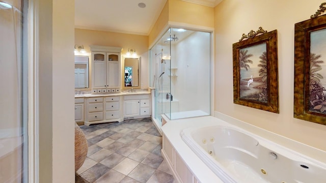 bathroom with vanity, separate shower and tub, and ornamental molding