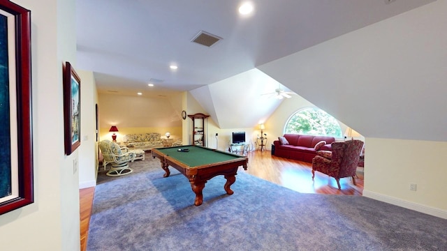 game room with hardwood / wood-style flooring, ceiling fan, billiards, and vaulted ceiling