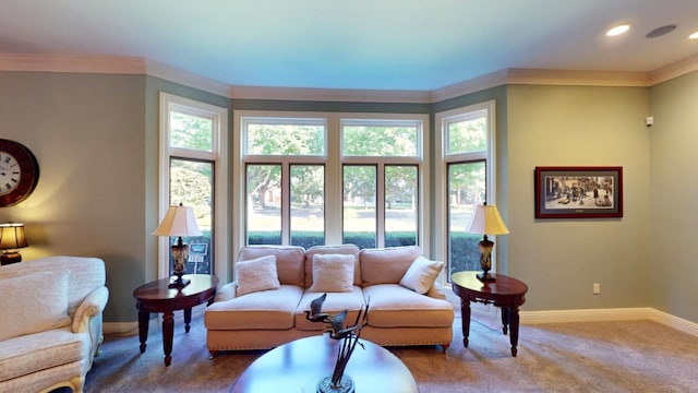 carpeted living room with ornamental molding