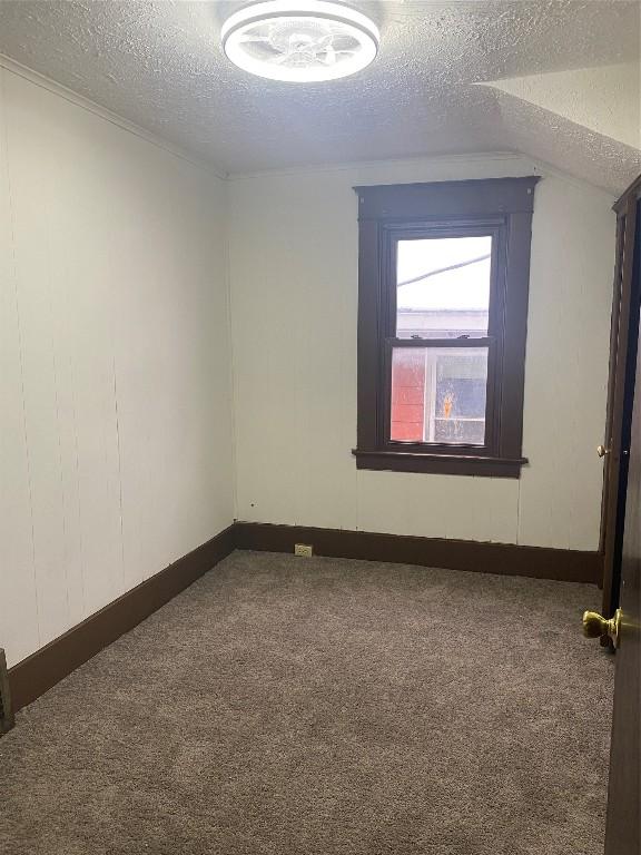 spare room featuring a textured ceiling, vaulted ceiling, and dark carpet