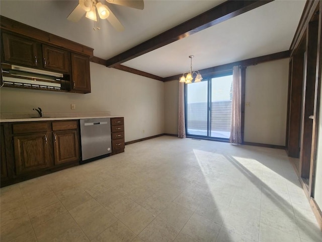 kitchen featuring ceiling fan with notable chandelier, dishwasher, beamed ceiling, hanging light fixtures, and dark brown cabinets