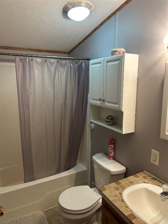 263 W Jamestown Rd, Jamestown, PA 16134 - full bath with a textured ceiling, shower / bath combination with curtain, vanity, lofted ceiling, and crown molding