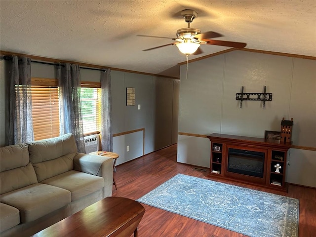 263 W Jamestown Rd, Jamestown, PA 16134 - living room with lofted ceiling, ceiling fan, a textured ceiling, wood finished floors, and cooling unit