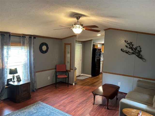 263 W Jamestown Rd, Jamestown, PA 16134 - living area with ceiling fan, wood finished floors, crown molding, and a textured ceiling