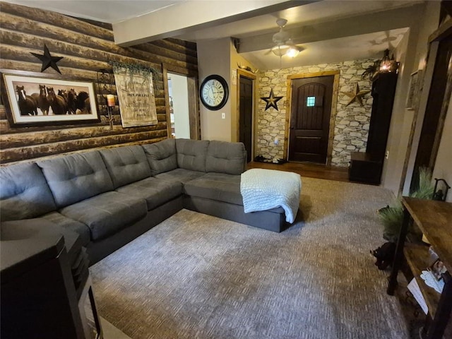 26418 State Highway 18, Albion, PA 16401 - living room featuring beam ceiling, ceiling fan, and wood finished floors