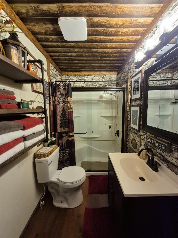 26418 State Highway 18, Albion, PA 16401 - full bath featuring a stall shower, vanity, wood finished floors, and wood ceiling