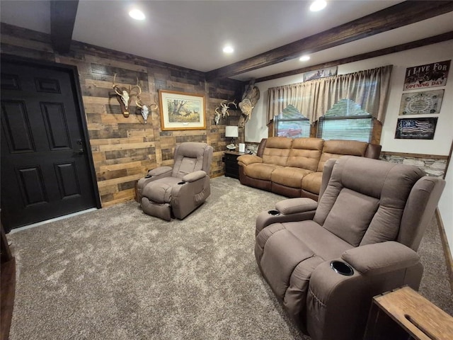 26418 State Highway 18, Albion, PA 16401 - living area featuring recessed lighting, beamed ceiling, carpet, and wooden walls