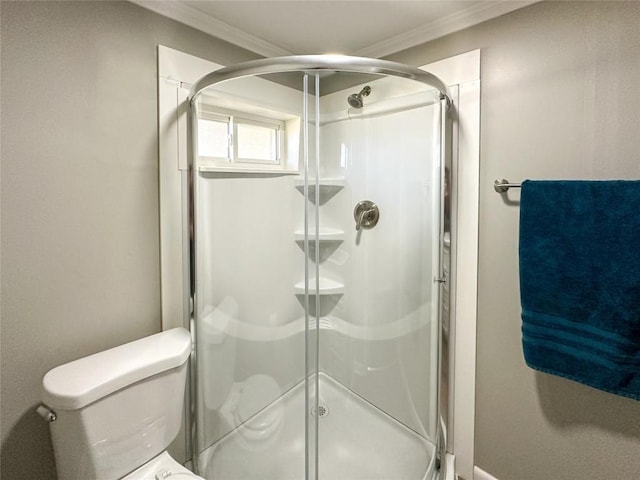 bathroom with ornamental molding, a stall shower, and toilet