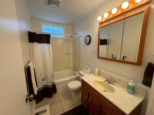 full bathroom featuring tile patterned flooring, toilet, vanity, shower / tub combo, and ornamental molding