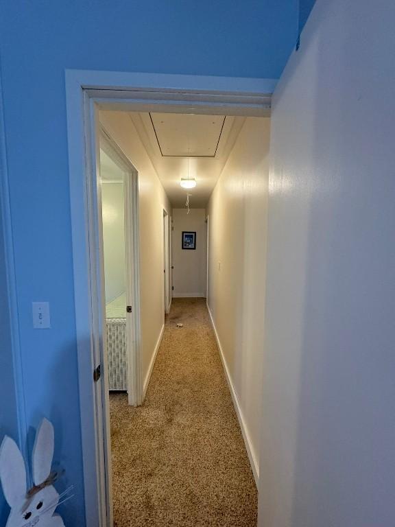 hall featuring light colored carpet