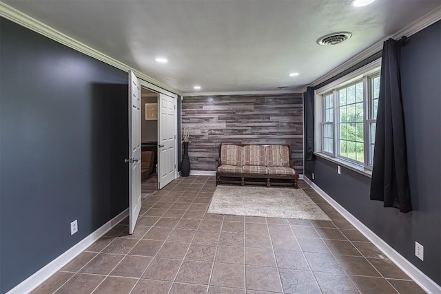 10220 Barton Rd, Waterford, PA 16441 - living area with an accent wall, ornamental molding, recessed lighting, and tile patterned floors