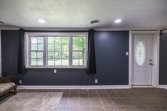 10220 Barton Rd, Waterford, PA 16441 - foyer entrance featuring dark tile patterned flooring, recessed lighting, and ornamental molding