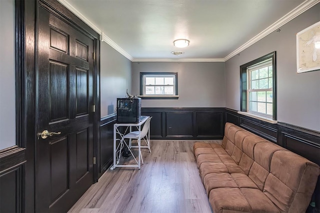 10220 Barton Rd, Waterford, PA 16441 - home office featuring light wood-style flooring, plenty of natural light, crown molding, a wainscoted wall, and a decorative wall