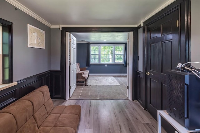 10220 Barton Rd, Waterford, PA 16441 - bathroom featuring crown molding, wood finished floors, and wainscoting