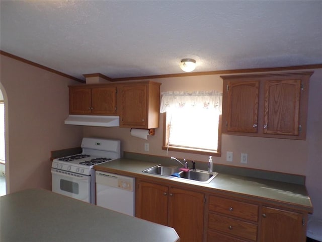 kitchen with sink, white appliances, and ornamental molding