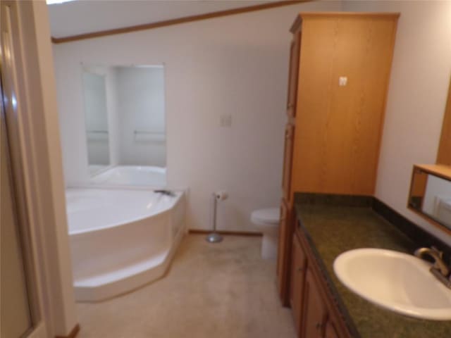 full bathroom with vanity, independent shower and bath, and toilet