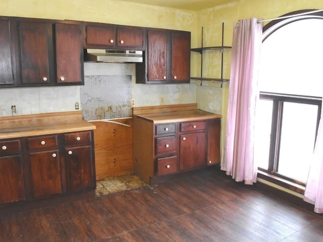 kitchen with a healthy amount of sunlight, light countertops, dark wood finished floors, and under cabinet range hood