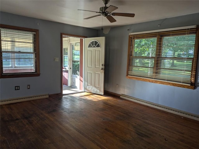 entrance foyer featuring ceiling fan, hardwood / wood-style floors, and a baseboard heating unit