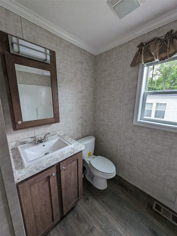 bathroom featuring ornamental molding, vanity, a textured ceiling, wood-type flooring, and toilet