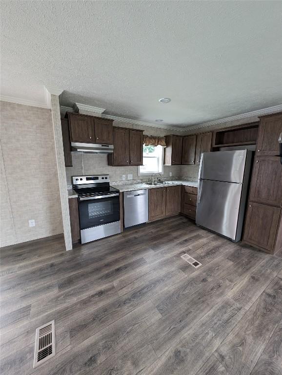 kitchen with sink, dark brown cabinetry, dark wood-type flooring, and appliances with stainless steel finishes