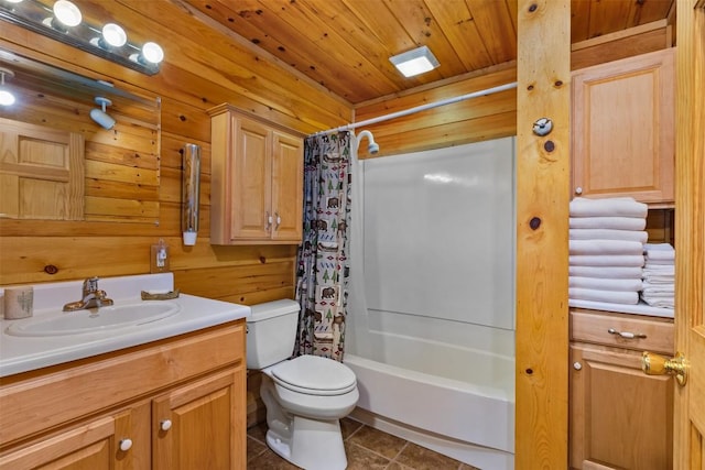 full bathroom with shower / bath combination with curtain, vanity, wooden walls, wooden ceiling, and toilet