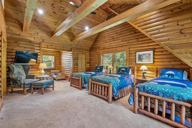 bedroom with beamed ceiling, wood ceiling, rustic walls, and high vaulted ceiling