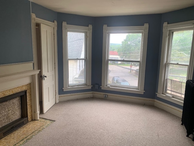 760-762 Park Ave, Meadville, PA 16335 - unfurnished living room featuring carpet floors, plenty of natural light, and a fireplace with flush hearth