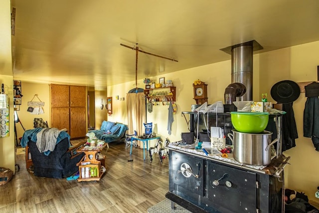 interior space featuring a wood stove and wood-type flooring