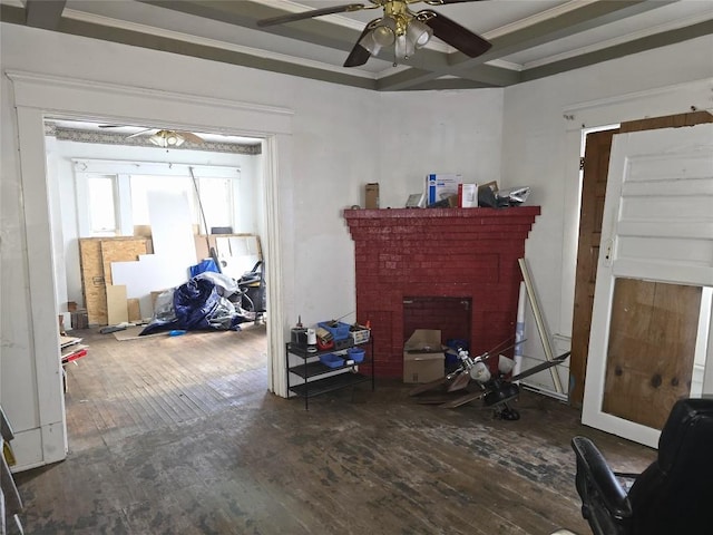 1051-1053 W 9th St, Erie, PA 16502 - misc room featuring wood-type flooring, a brick fireplace, ceiling fan, coffered ceiling, and beam ceiling