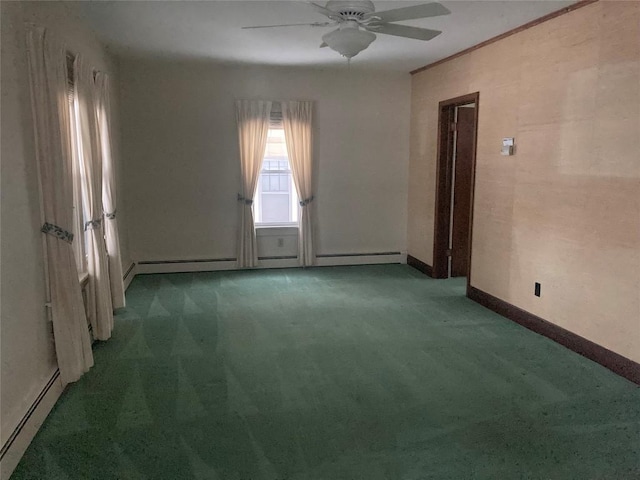 carpeted empty room with ceiling fan and a baseboard radiator