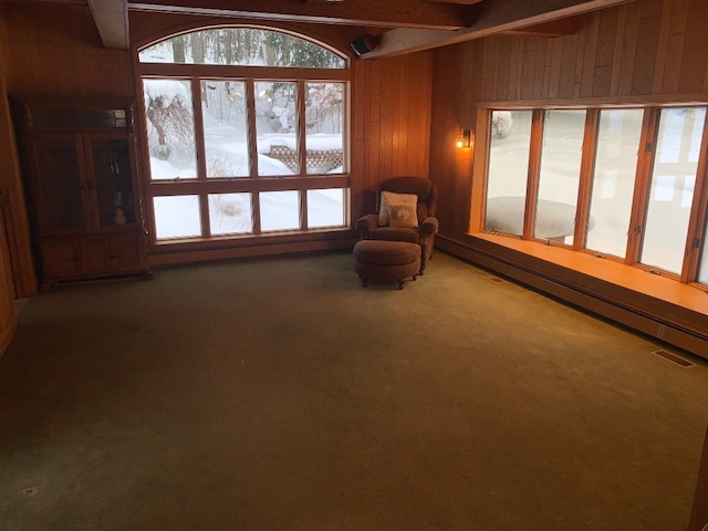 unfurnished room featuring beam ceiling, wood walls, baseboard heating, and dark carpet